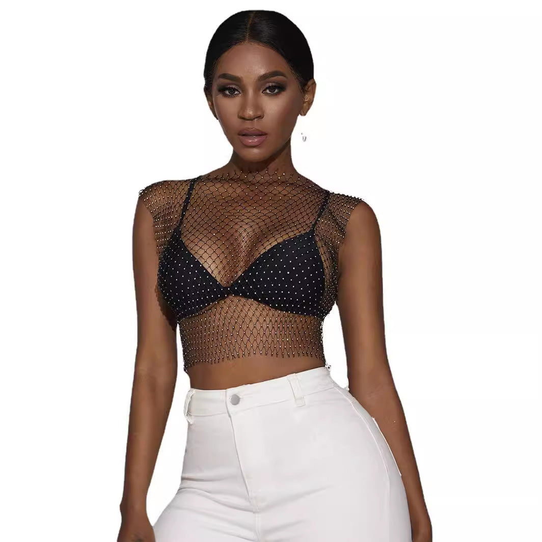 Women's Rhinestone Fishnet Summer Electronic Music Festival Net Tops