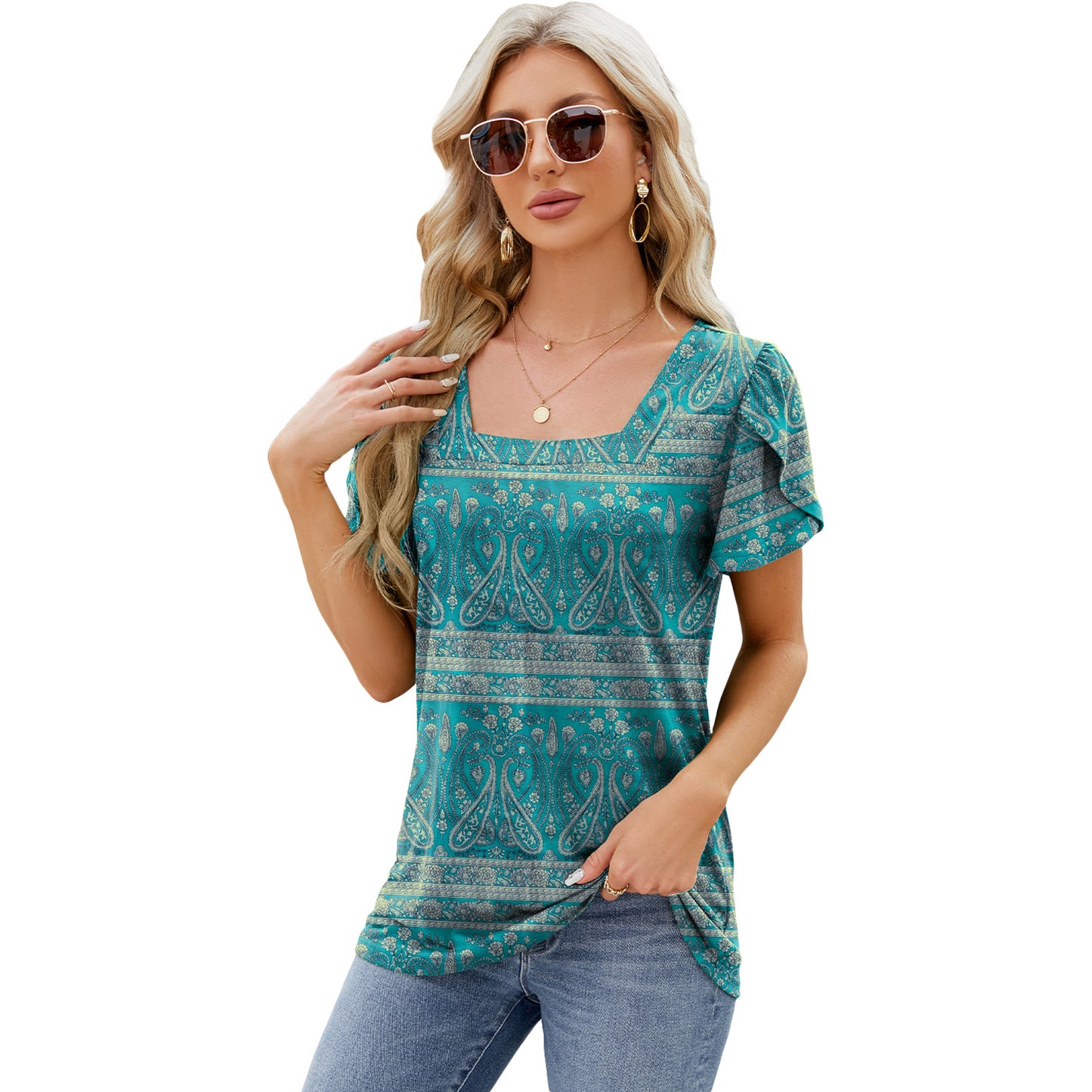 Fashion Simple Square Collar Petal Sleeve Blouses