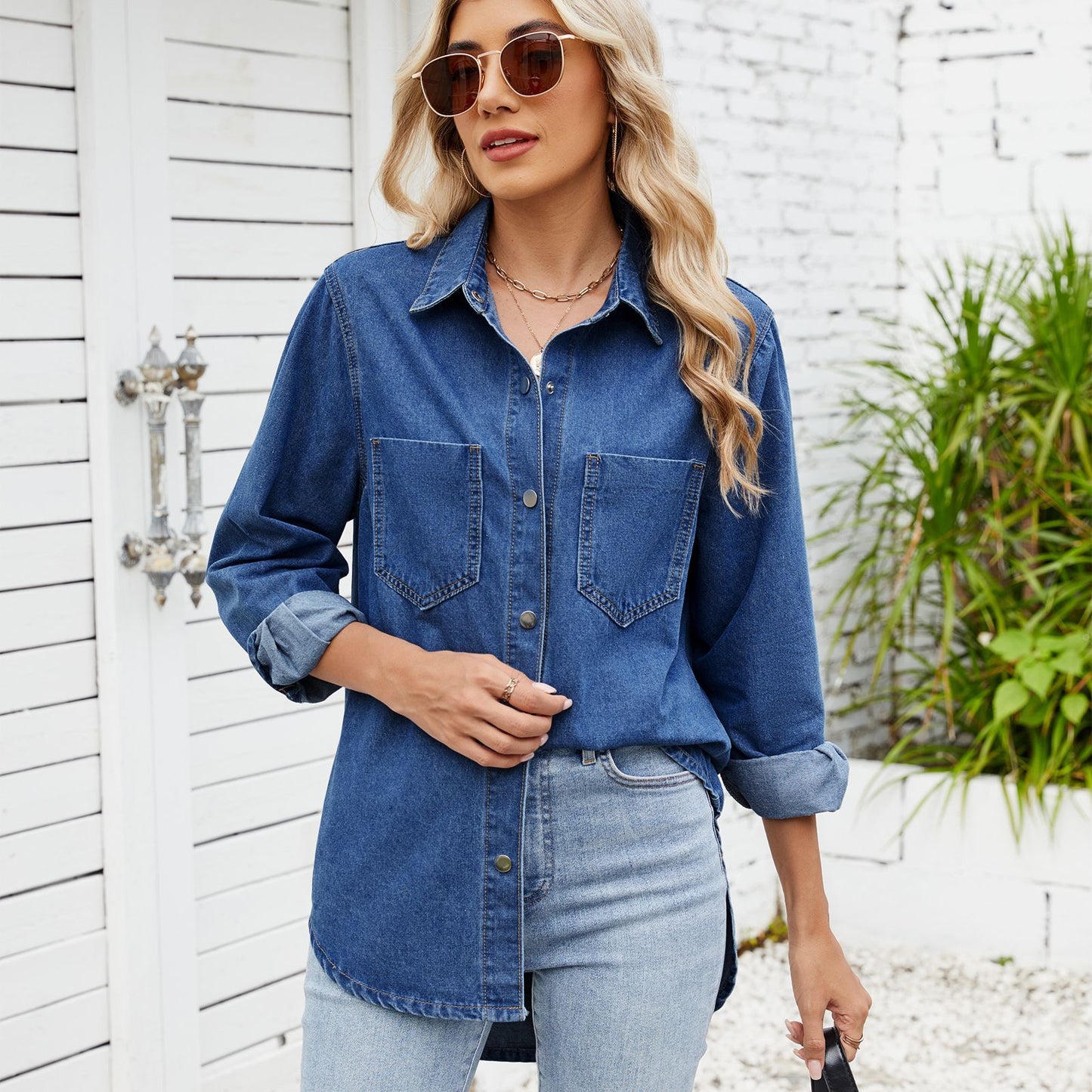 Women's Washed Loose Long Sleeve Snap Fastener Blouses