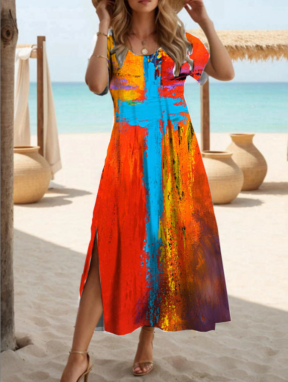 Women's Elegant Slit Round Neck Sleeve Full Dresses