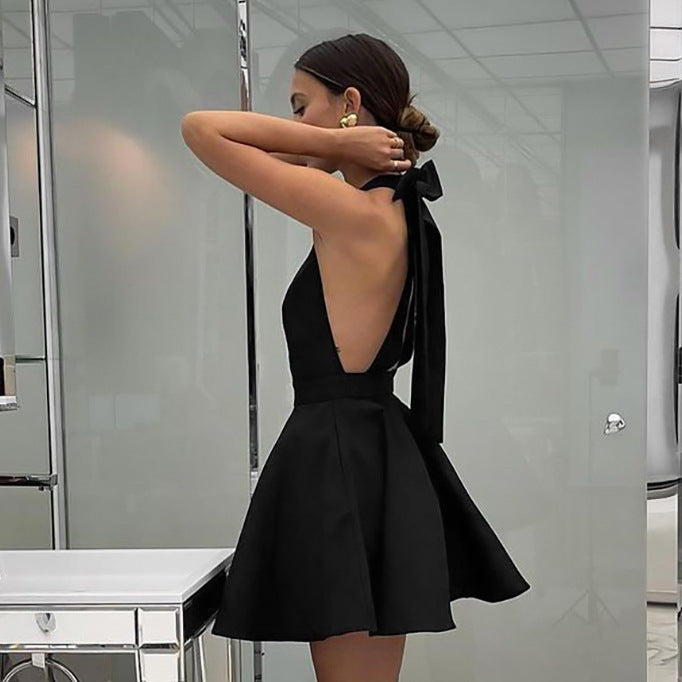 Women's Black High Waist Sleeveless Halter Dress Spring Dresses