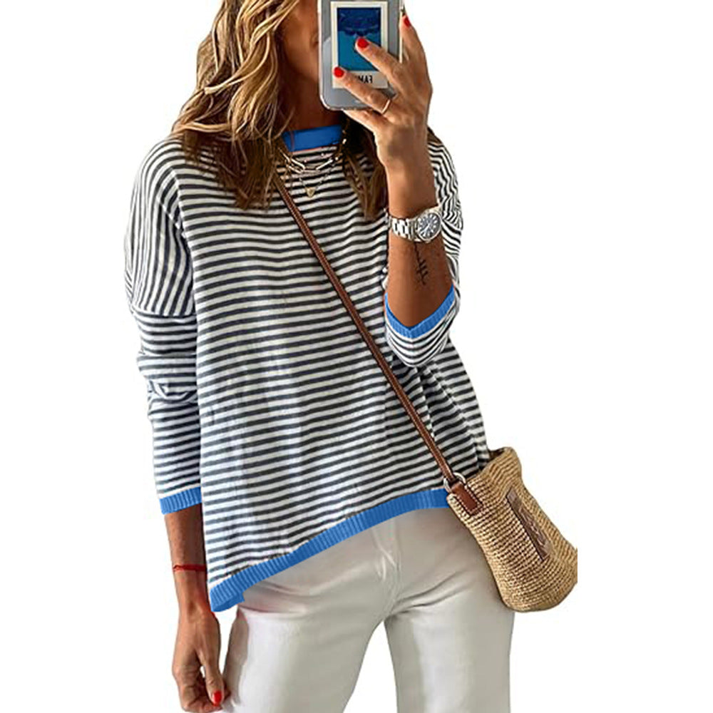 Women's Round Neck Striped Contrast Color Long Sweaters