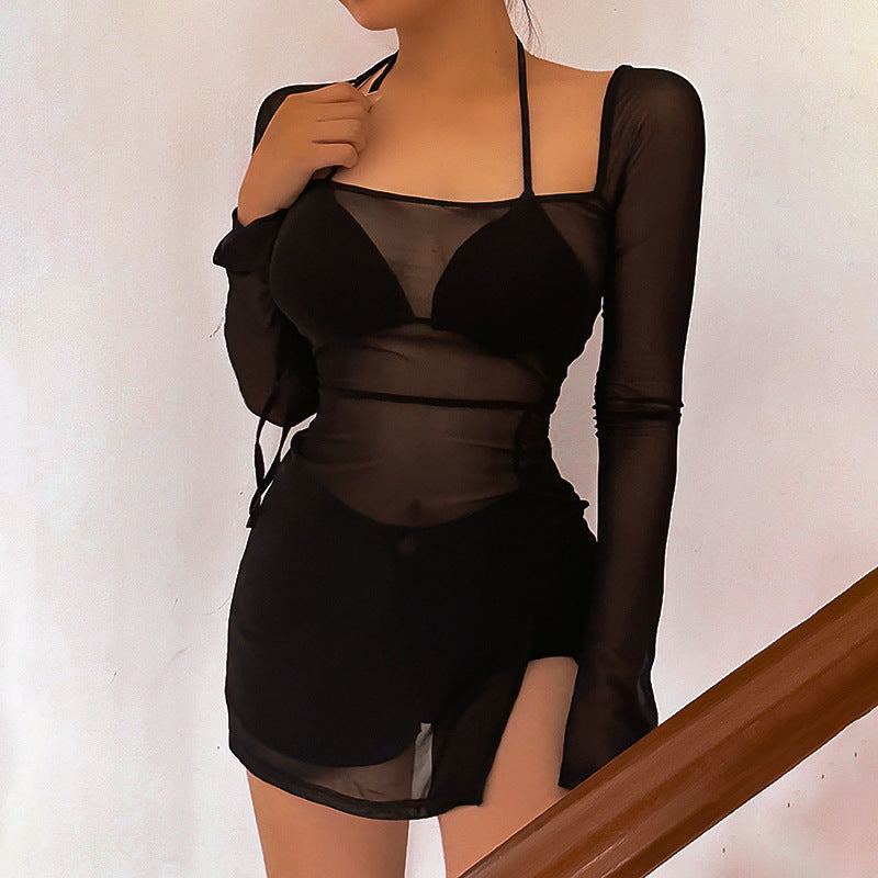Women's Net Color Mesh Long Sleeve Split Dresses