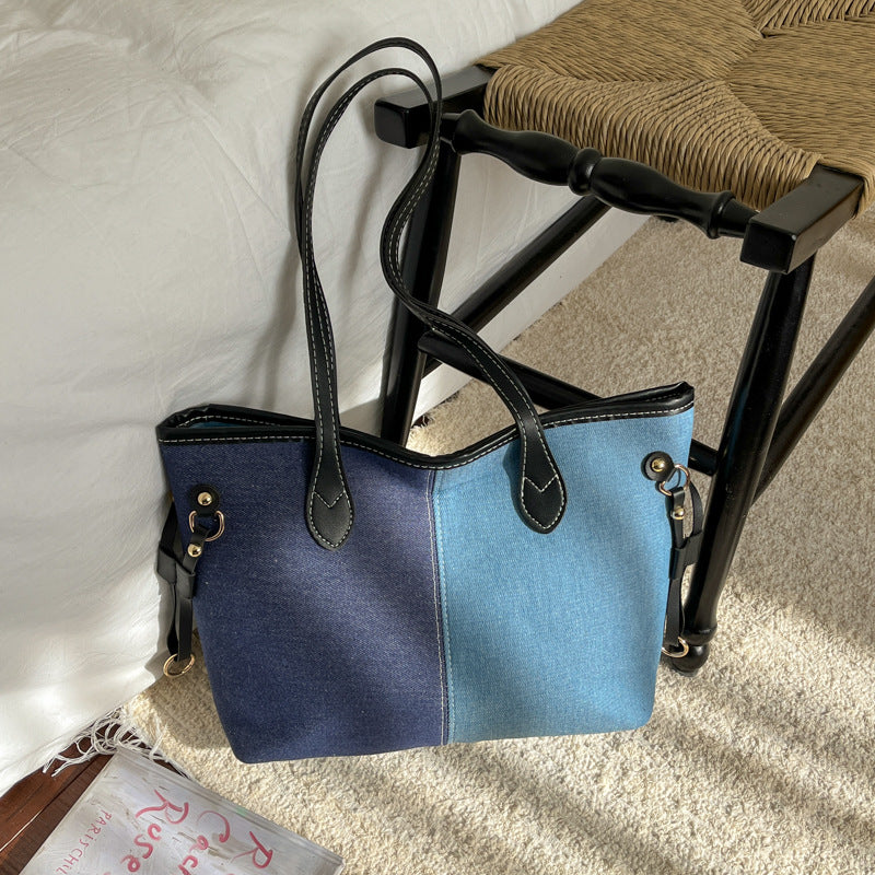 Women's Large Capacity Fashionable Denim Stitching Contrast Color Shoulder Bags