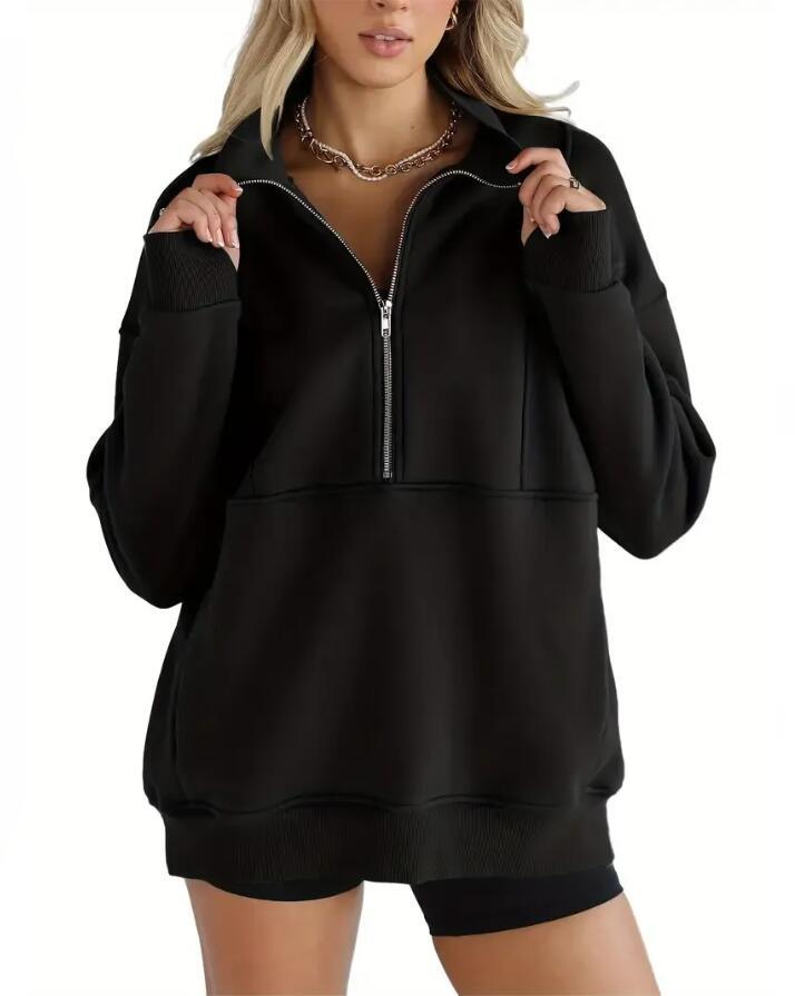 Women's Zipper Patchwork Pocket Brushed Hoody Loose Sweaters
