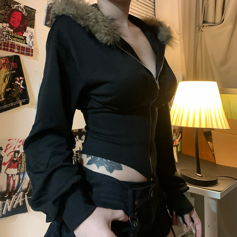 Winter Fur Collar Hooded Drawstring Zipper Sports Style Sweaters