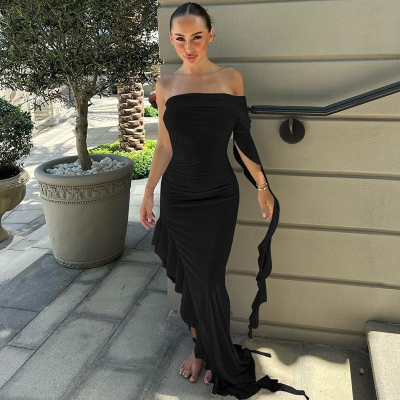 Women's Fashion Personalized Pleated Solid Color Slim Dresses