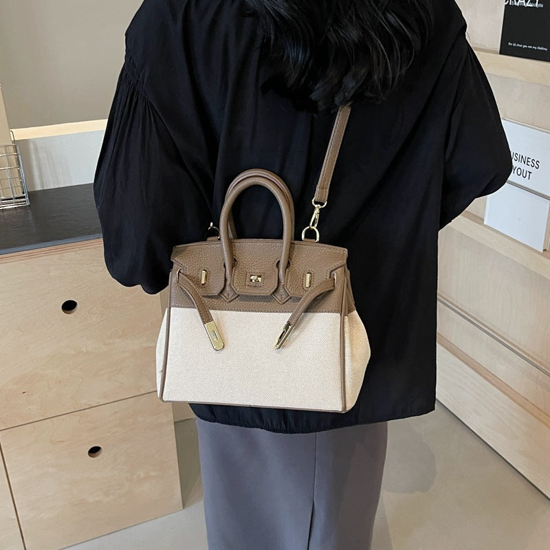 Women's Trendy Canvas Fashionable Lychee Pattern Contrast Shoulder Bags