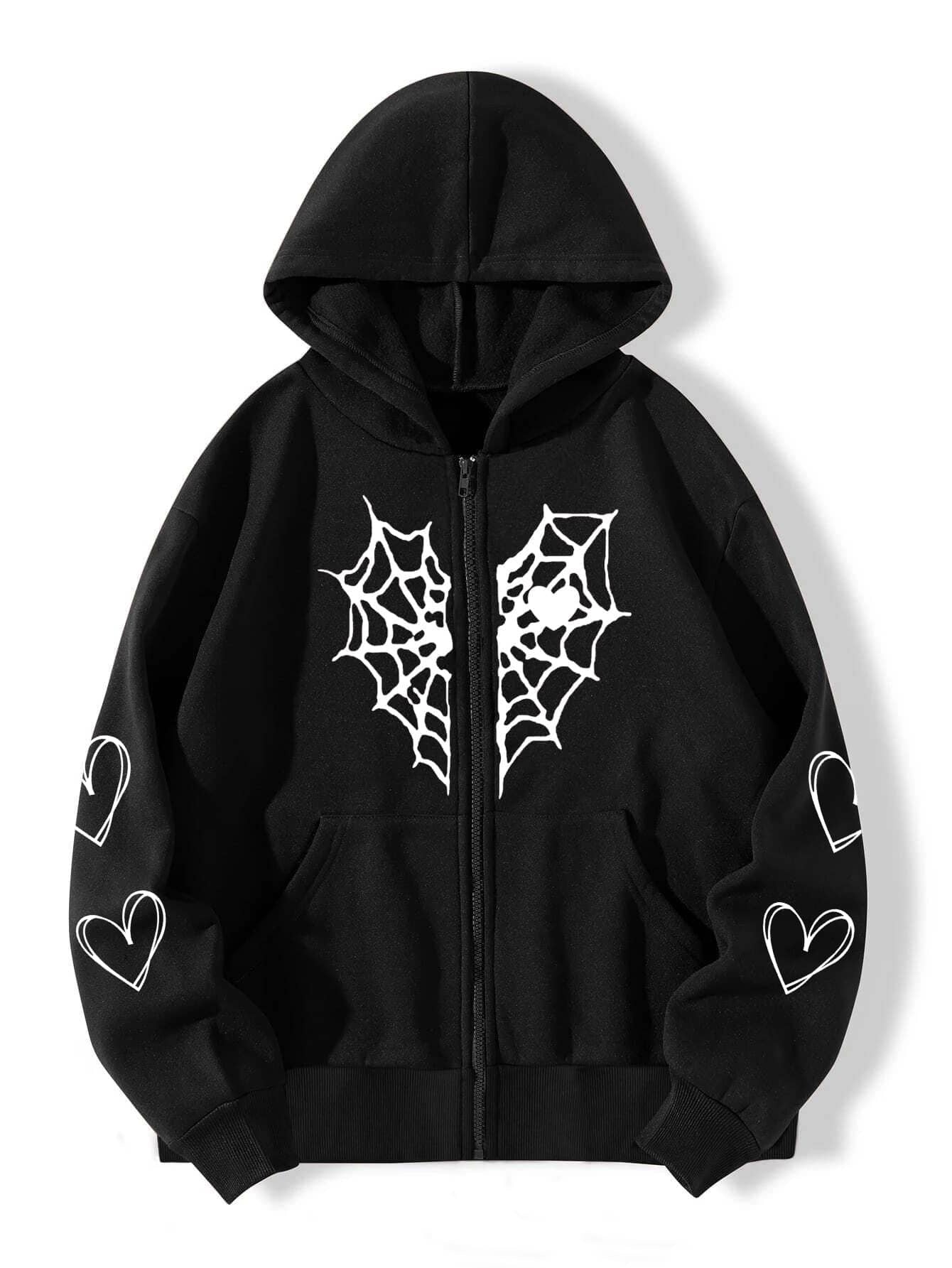 Spider Web Heart Printing Zipper Warm Sweaters