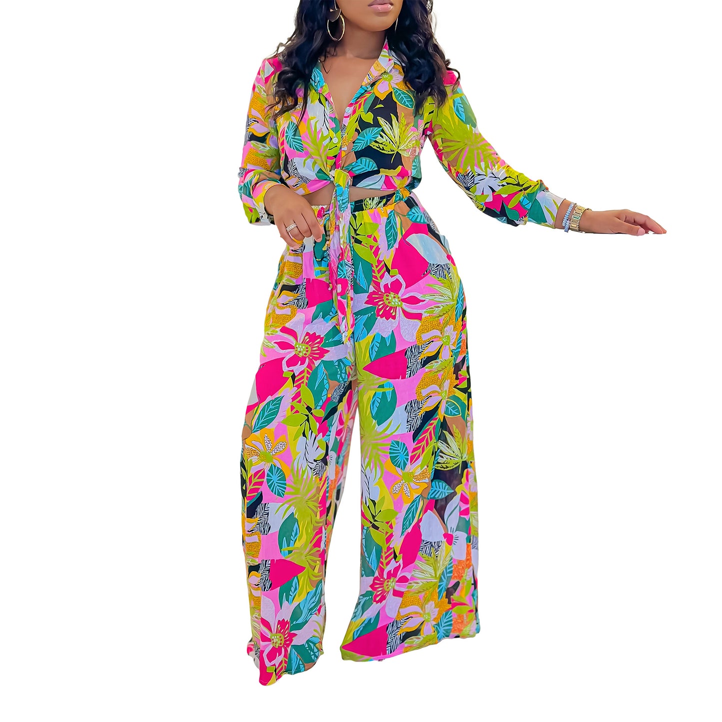 Women's Fashion Printed Two-piece Lapel Bandage Shirt Suits