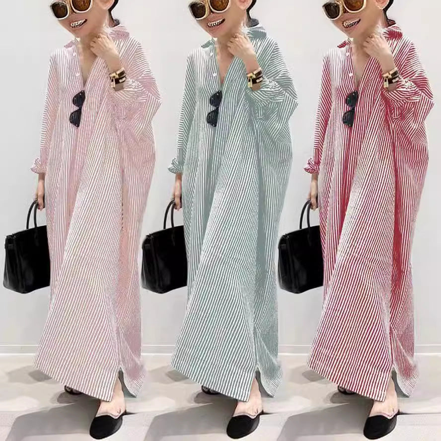Cotton Linen Stripes Loose Temperament Commuting Dresses