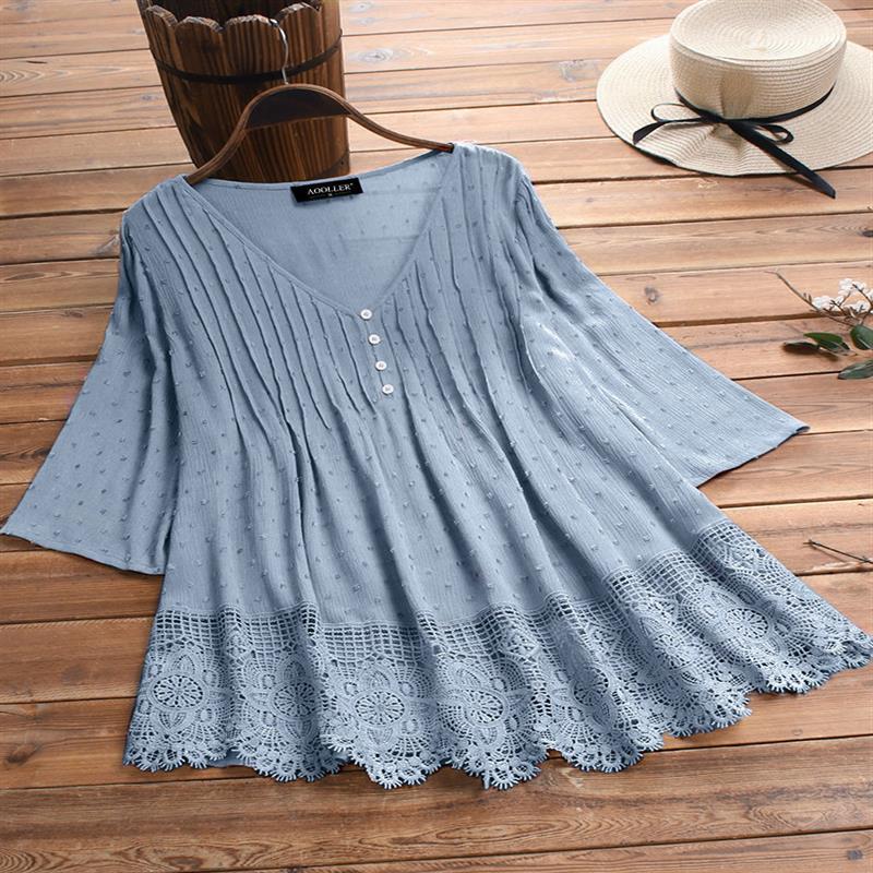 Women's Summer Jacquard Pleated Lace Hollow Out Blouses