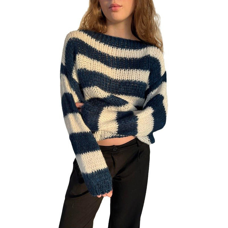 Women's Round Neck Striped Loose Idle Long-sleeved Sweaters