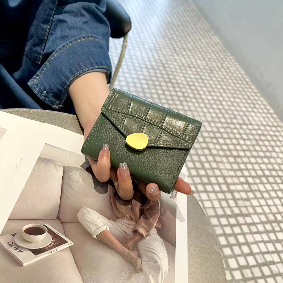 Women's Leather Short Cowhide Crocodile Pattern Three Folding Ladies Wallets