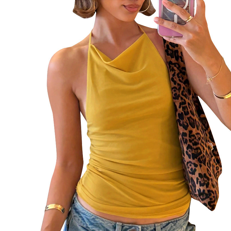 Women's Solid Color Sexy Backless Mesh Halter Blouses