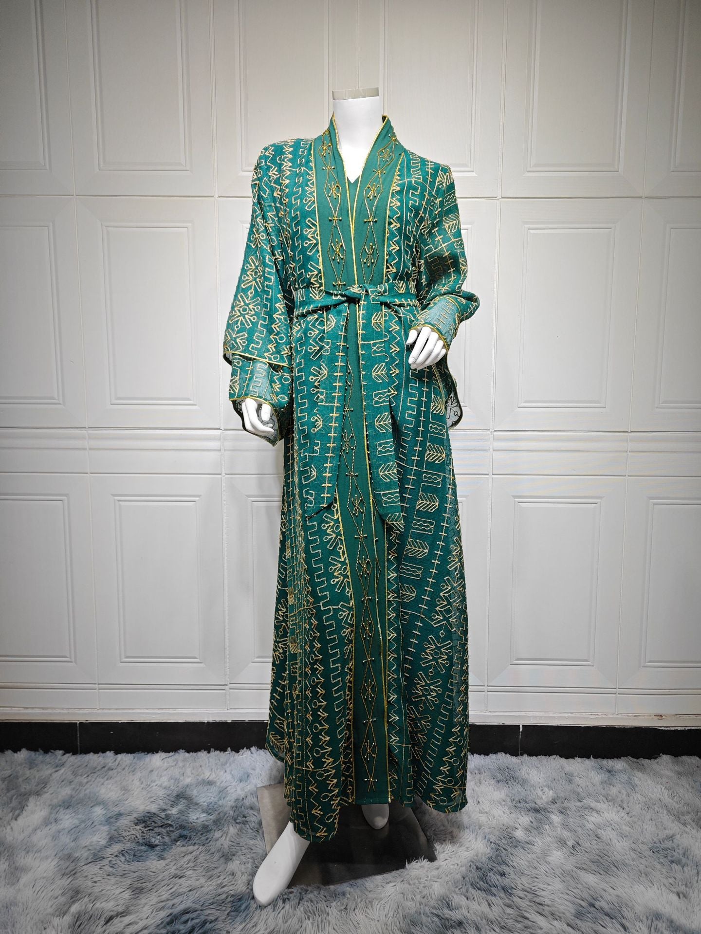 Muslim Robe Mesh Embroidery Saudi Dress Clothing