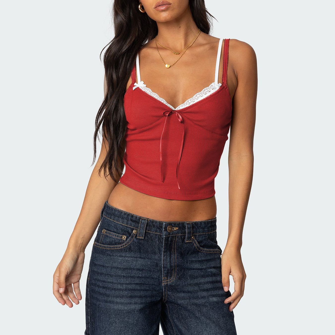 Stitching Low-cut Contrast Color Double Joint Tops