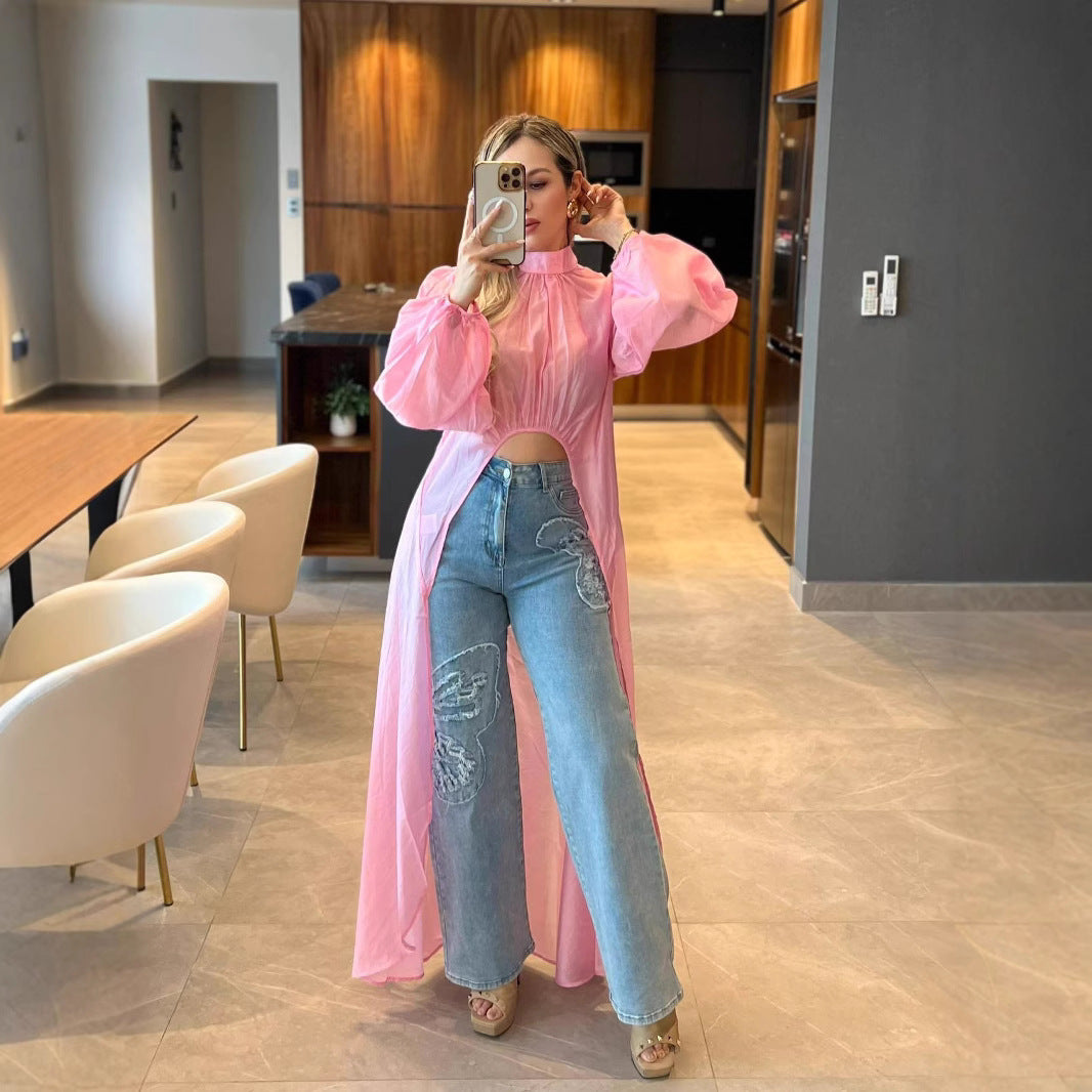 Women's Thin Bubble Long Sleeve Irregular Shirt Tops