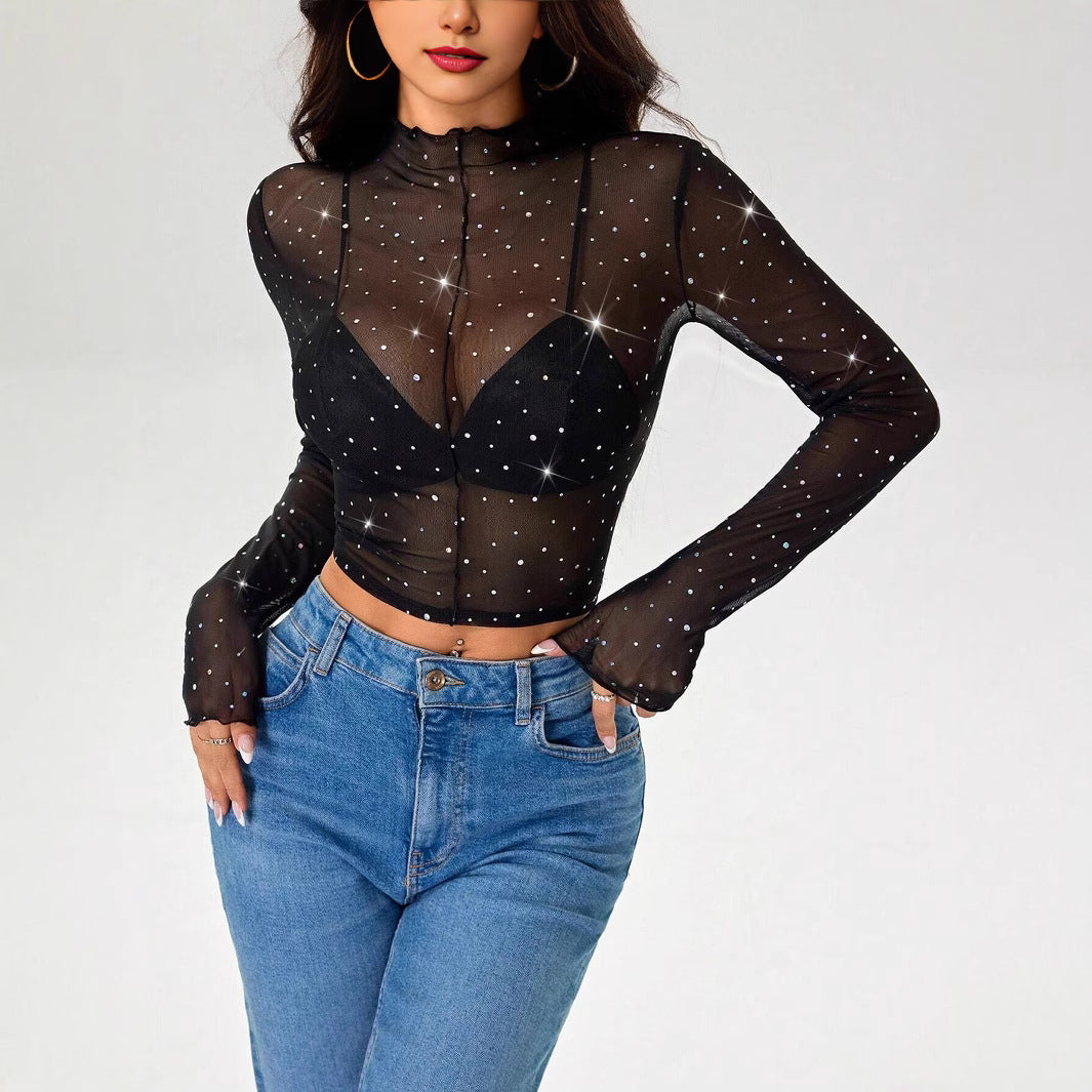 Women's Stand-up Collar Long-sleeved Mesh Transparent Sequined Blouses