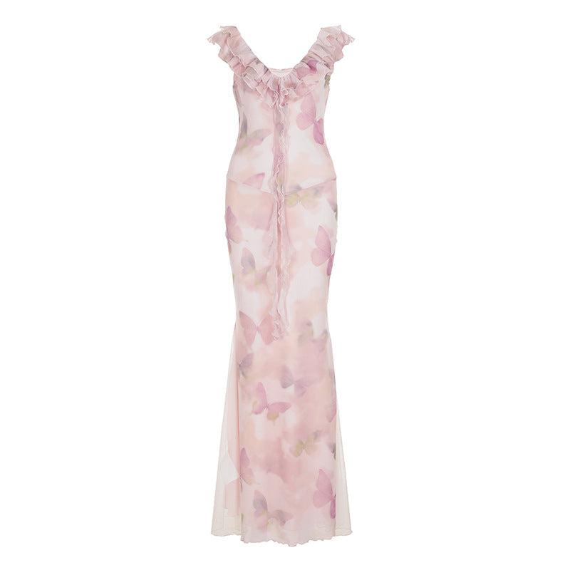 Chinese Style Light Green Butterfly Printed Fishtail Suspender Dresses