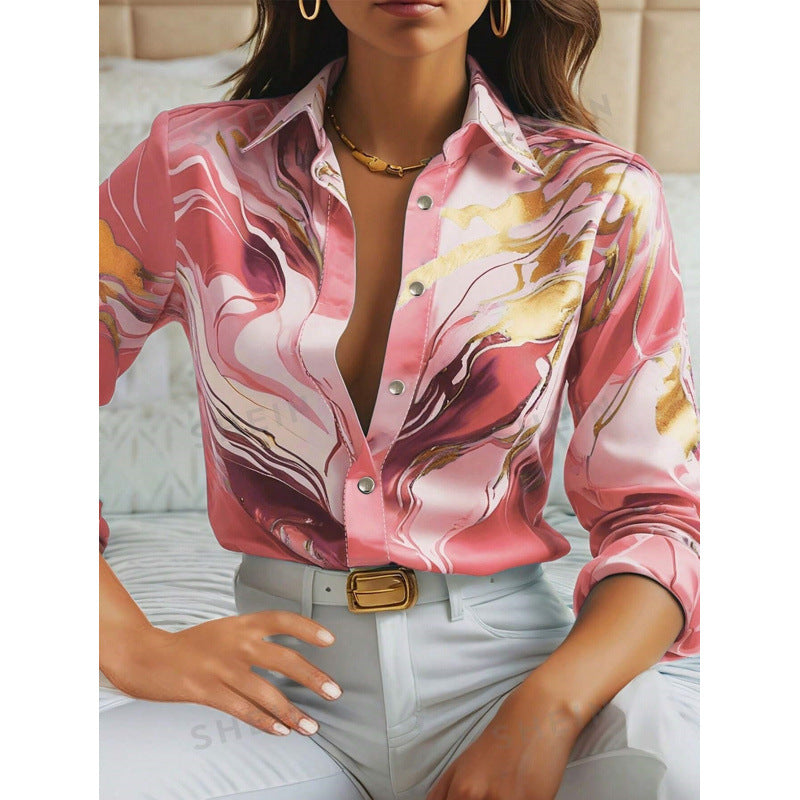 Sleeve Lapel Loose Button Shirt Digital Blouses