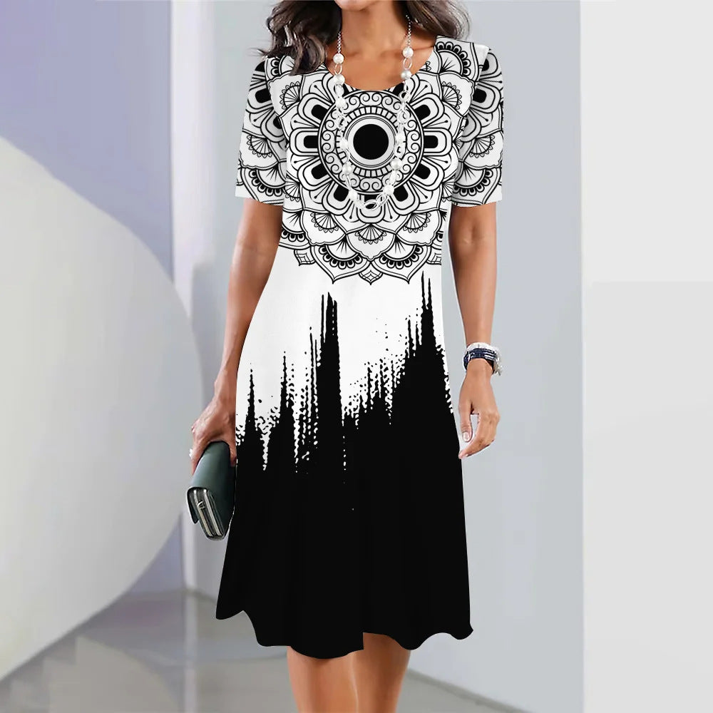 Digital Printing Fashion Casual Loose Ladies Round Dresses