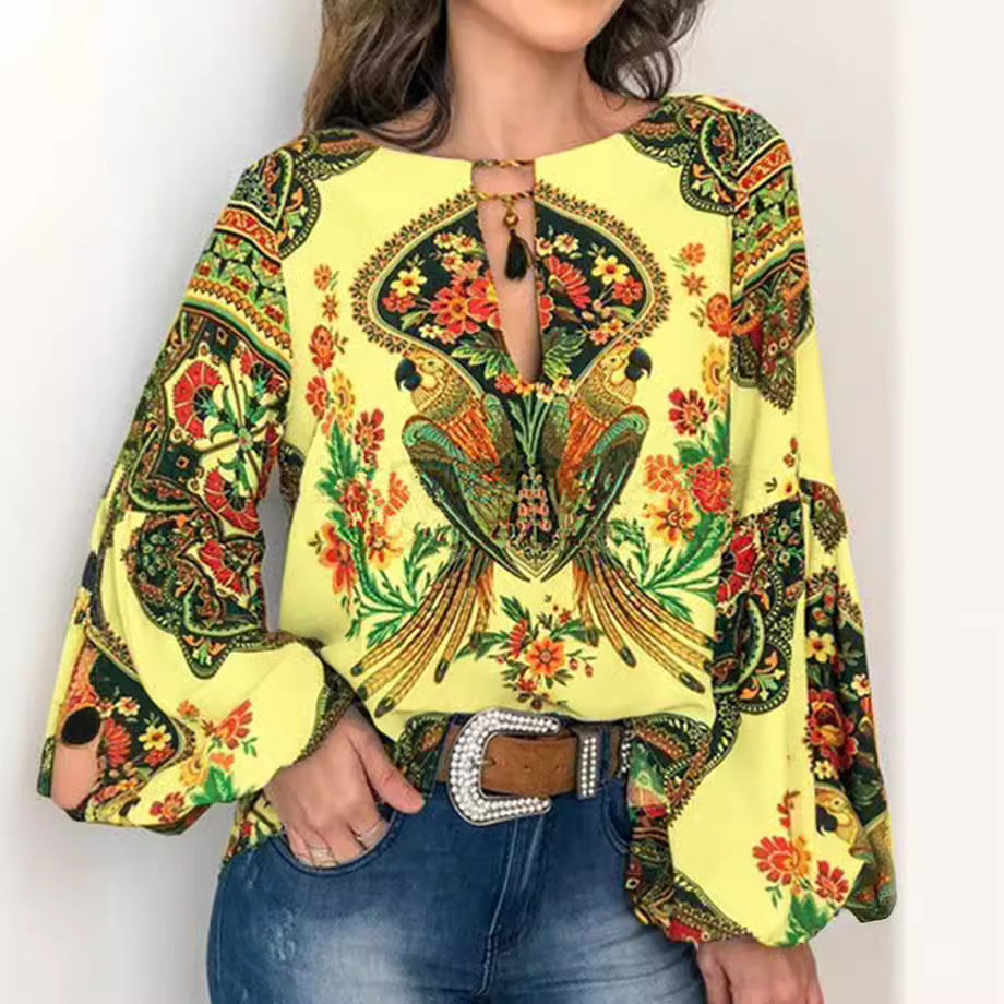 Women's Special Digital Printed Round Neck Lantern Blouses