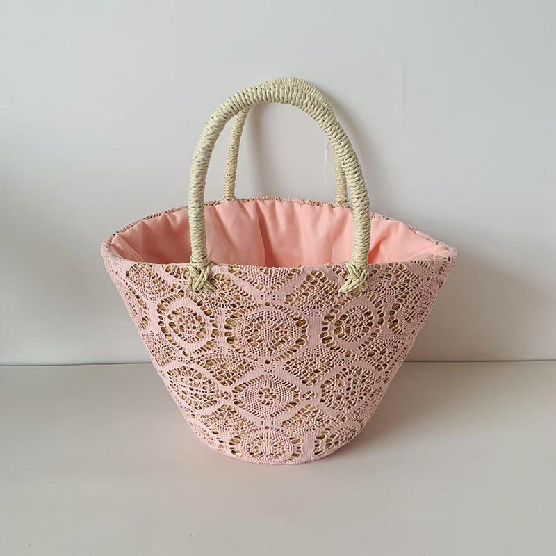 Lace Weaving Hollow Vegetable Basket Large Capacity Drawstring Handbags