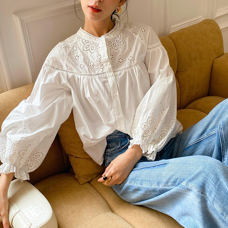 Women's French Embroidery White Shirt Long Sleeve Temperament Blouses