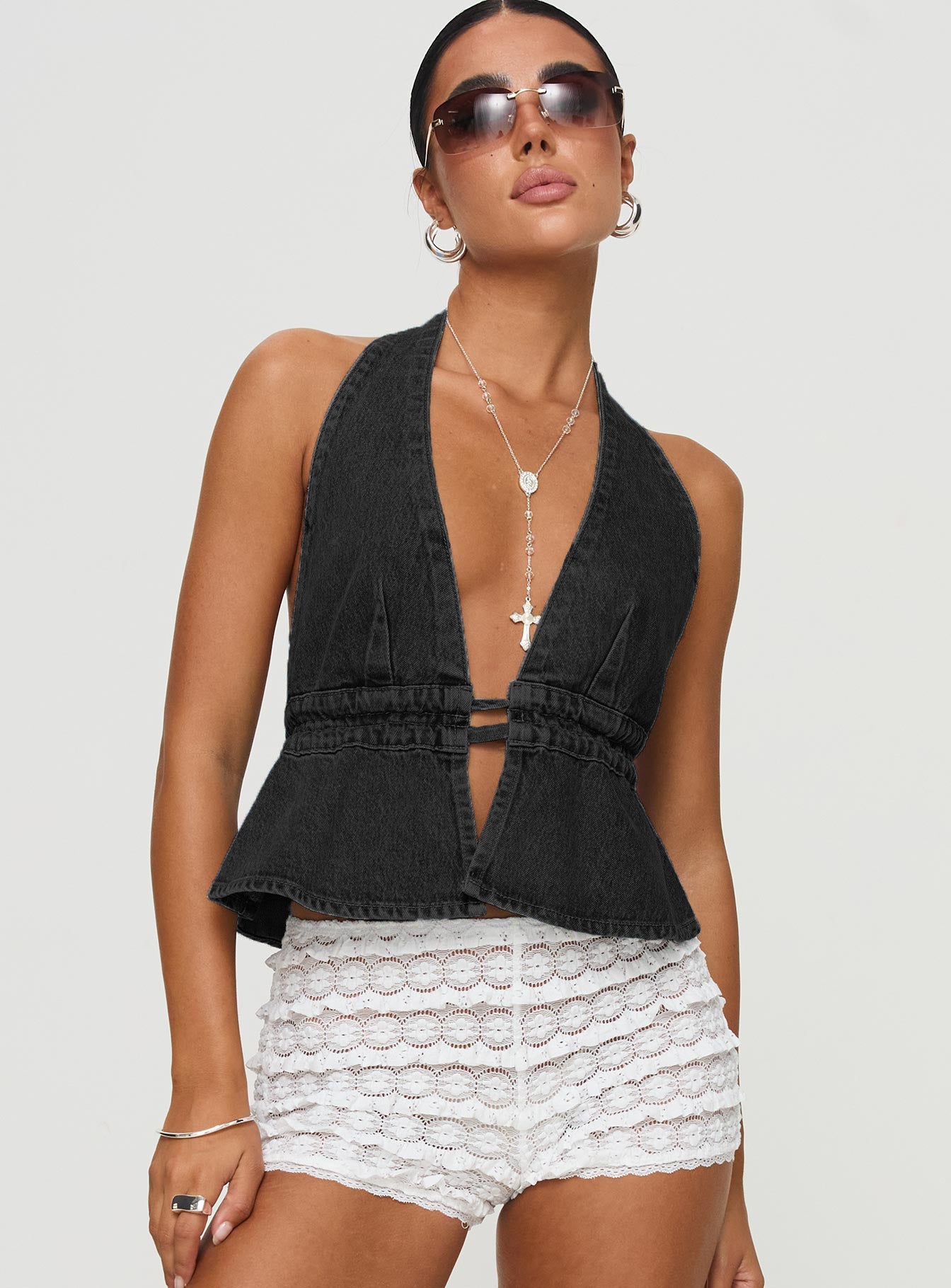 Fashion Sexy Washed Denim Exposed Back Tops