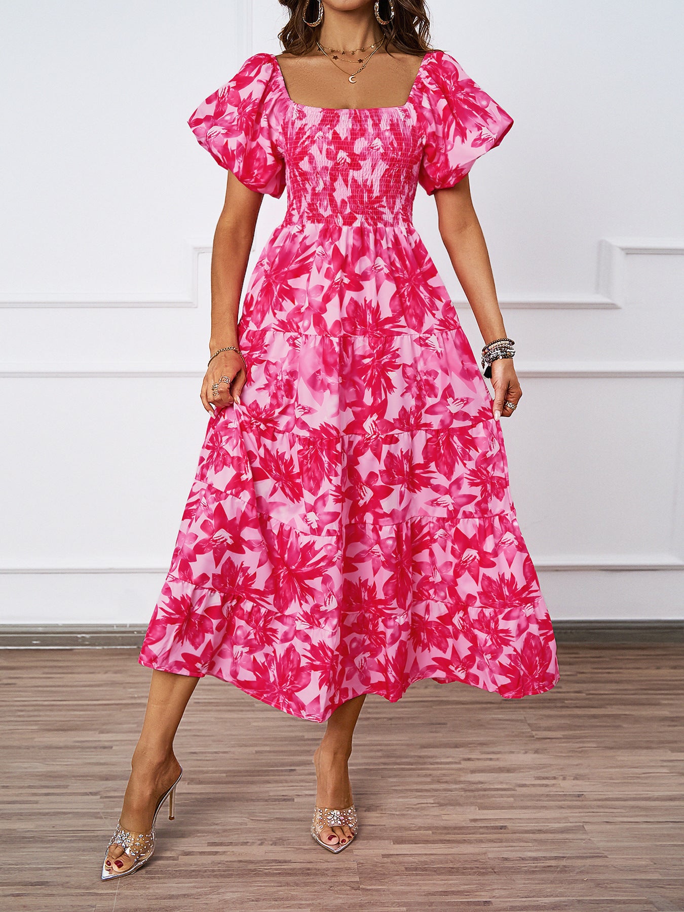 Women's Summer Elegant Printed Pettiskirt Puff Sleeve Dresses