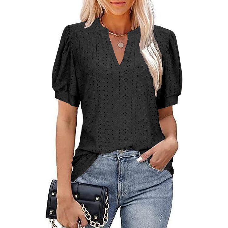 Casual Solid Color Hollow Puff Sleeve Blouses