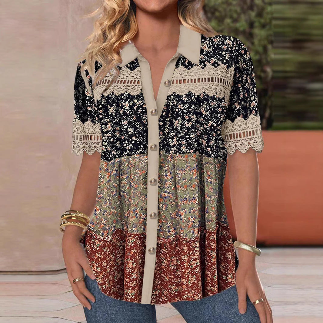 Women's Casual Shirt Collar Sleeve Regular Digital Blouses