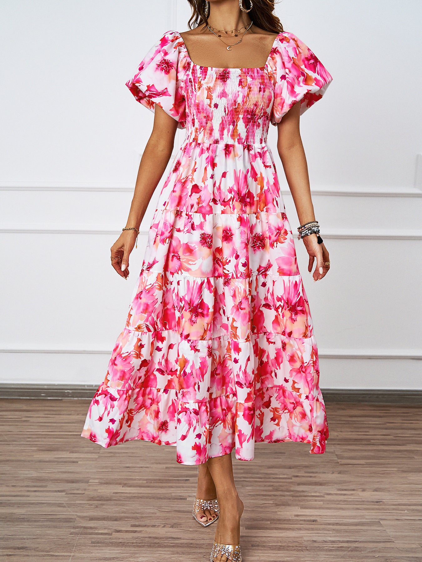 Women's Summer Elegant Printed Pettiskirt Puff Sleeve Dresses