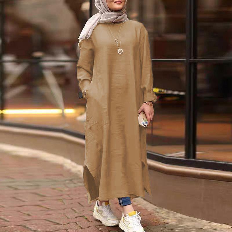 Women's Muslim Wear Long Sleeve Shirt Pocket Dress Clothing