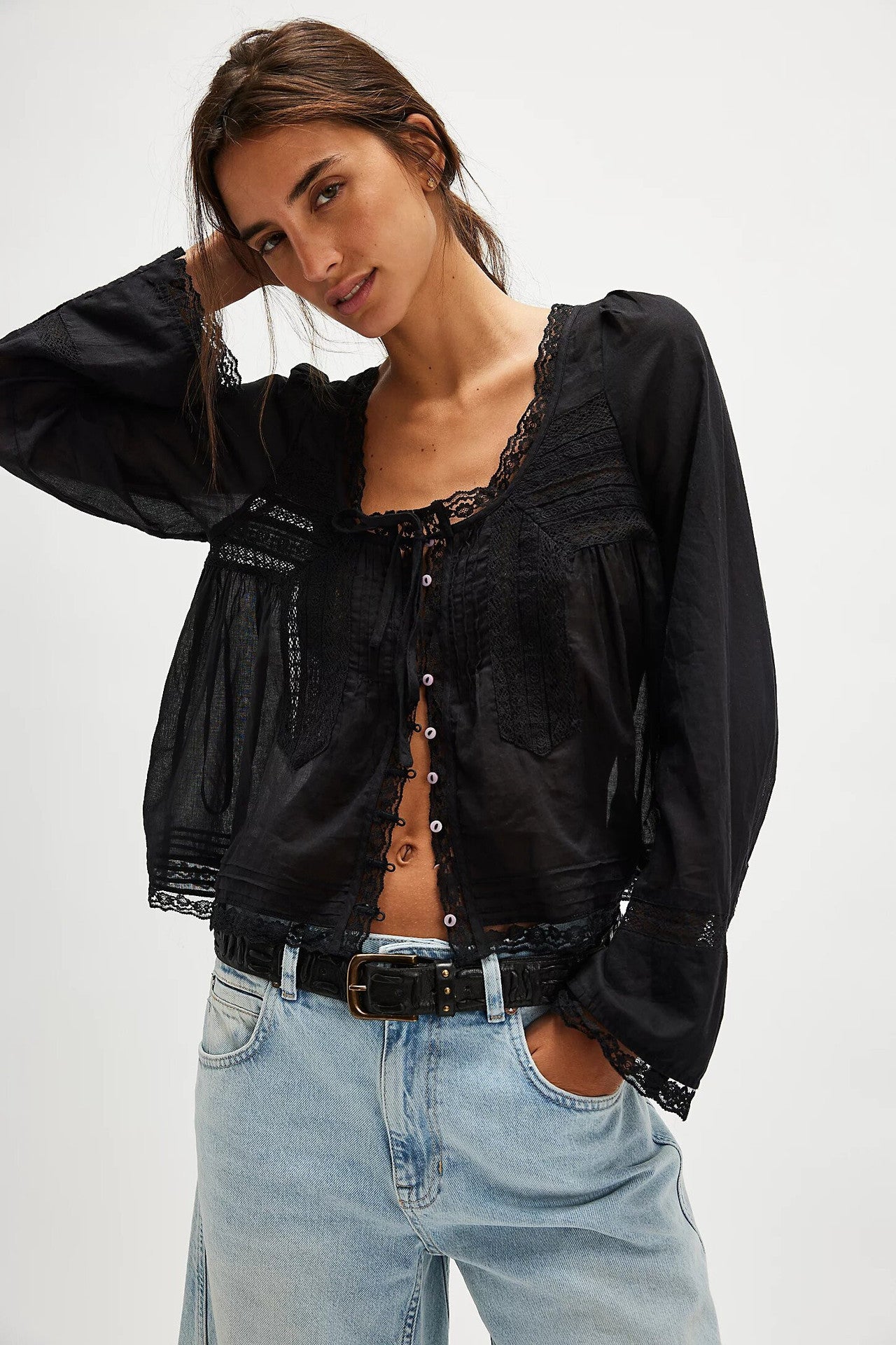 Lace Shirt U-shaped Collar Long Sleeve Blouses