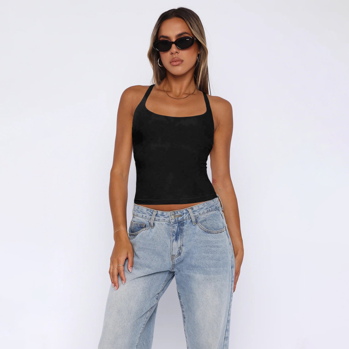 Fashion Sleeveless Solid Color Bare Back Tops