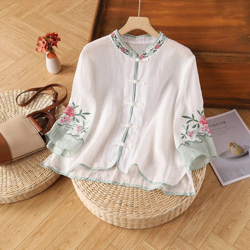 Women's Embroidery Shirt Frog Button Cropped National Blouses