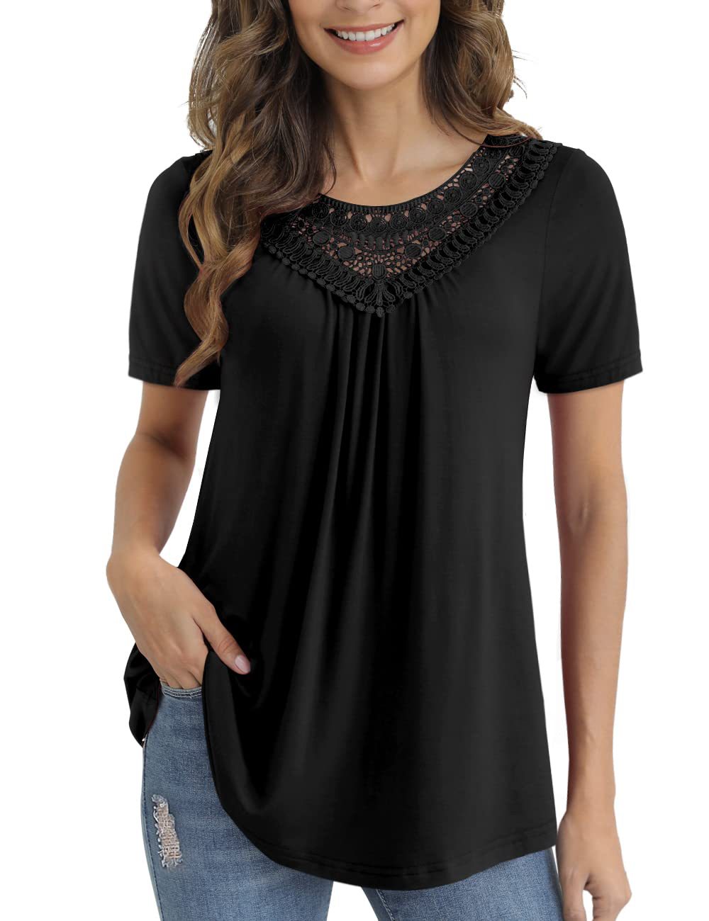 Women's Summer Sleeve Lace Pleated Shirt Waist Blouses
