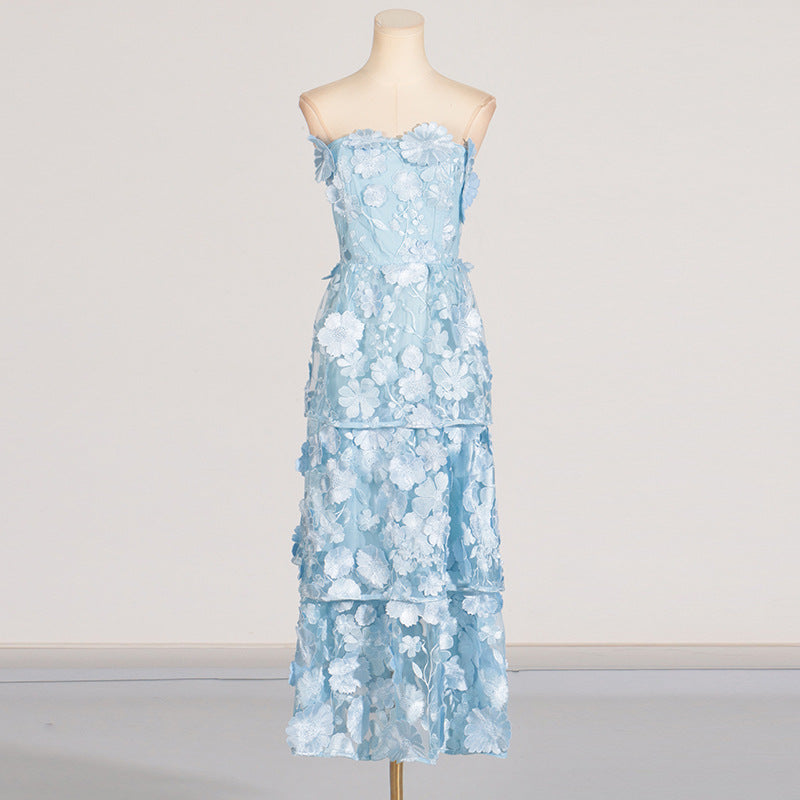 Women's Tube Three-dimensional Stitching Flower Design Ruffled Long Dresses