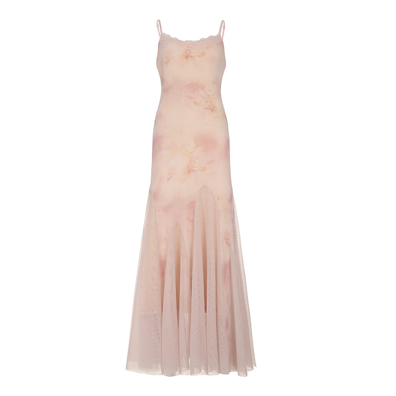 Chinese Style Light Green Butterfly Printed Fishtail Suspender Dresses