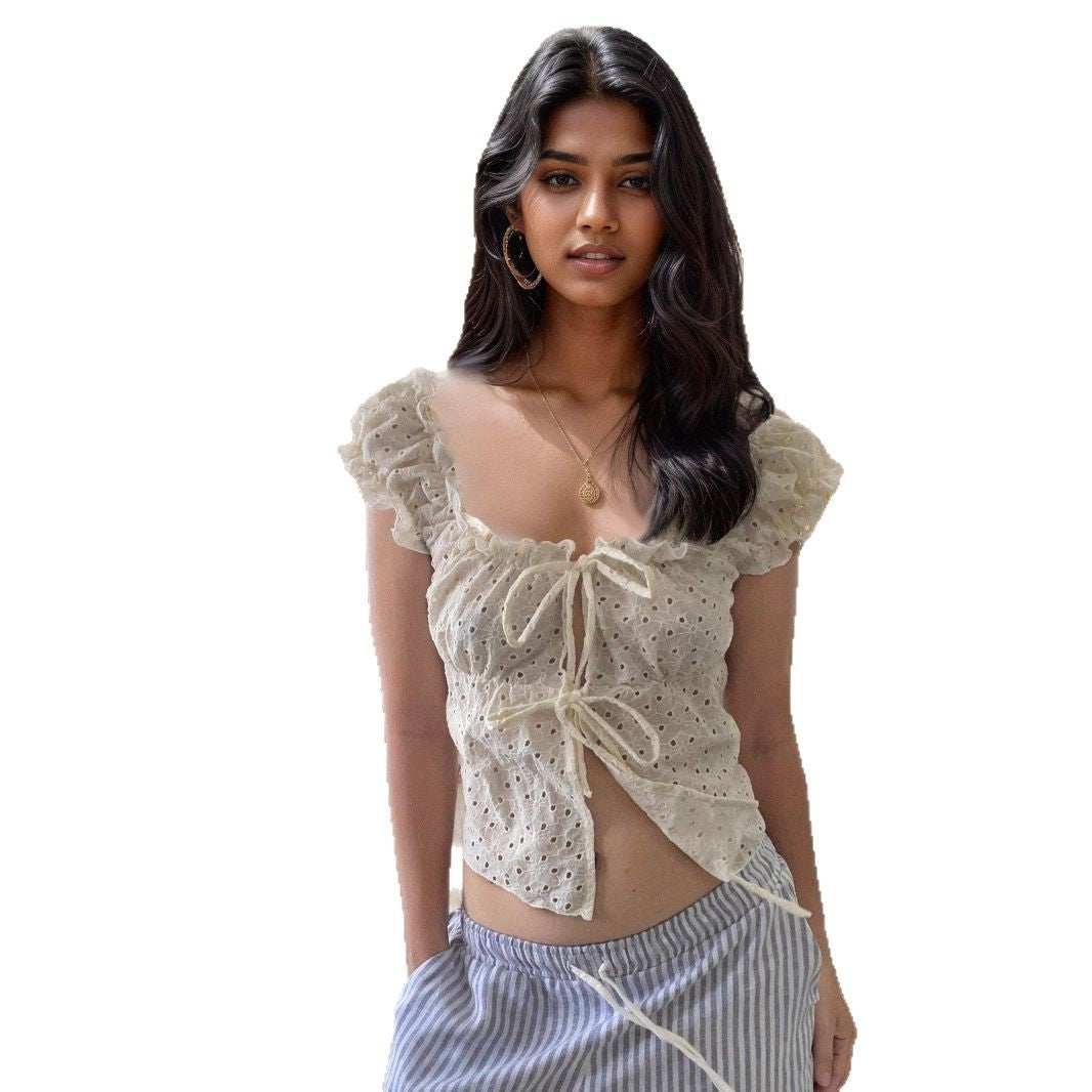 Out Strap Square Collar Puff Sleeve Blouses