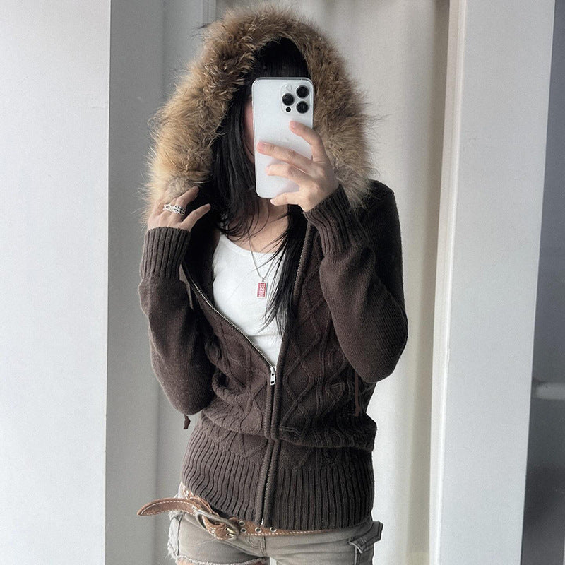 Women's Warm Furry Hooded Tight Waist Slim Sweaters
