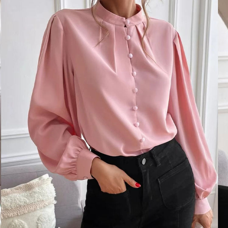 Women's Spring Elegant Solid Color Lapel Long Sleeve Blouses
