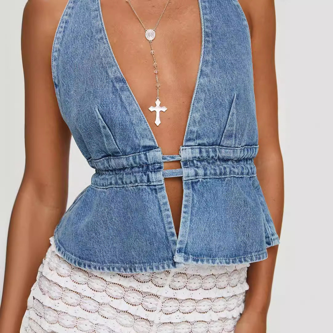 Fashion Sexy Washed Denim Exposed Back Tops