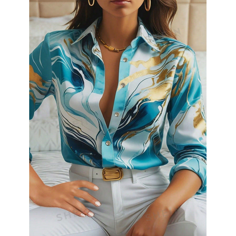 Sleeve Lapel Loose Button Shirt Digital Blouses