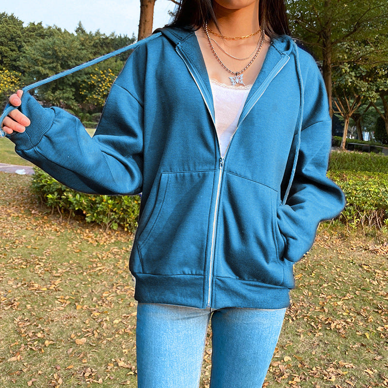 Women's Solid Color Hooded Fleece-lined Long-sleeved Loose Sweaters
