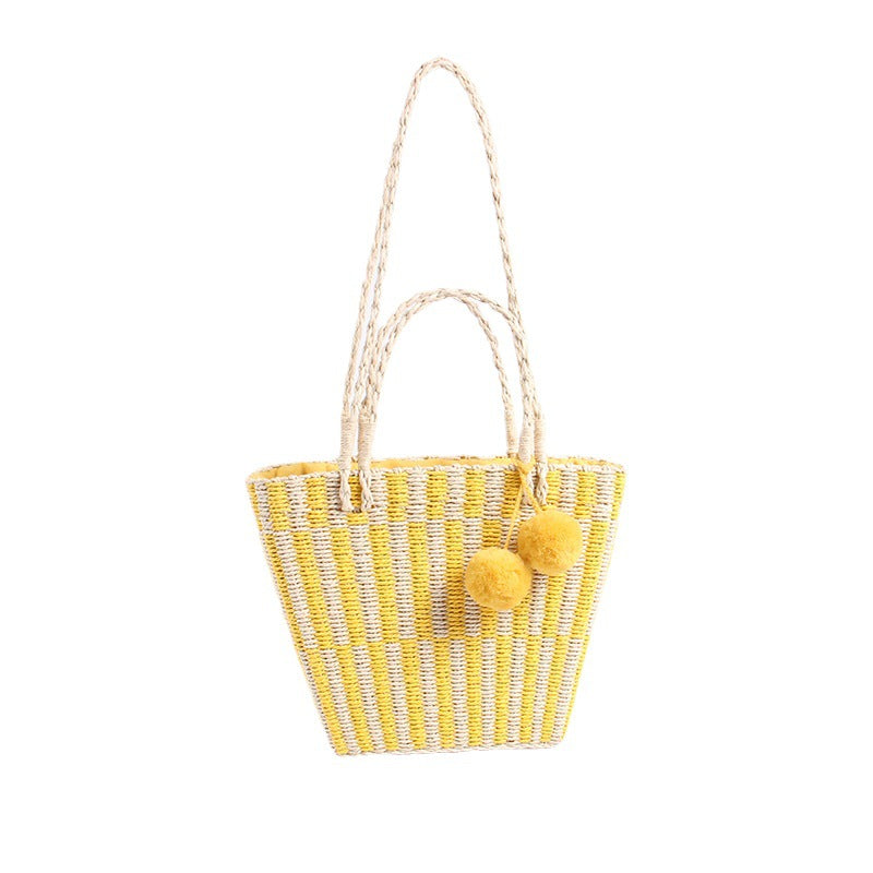 Women's Woven Fur Ball Large Capacity Straw Shoulder Bags
