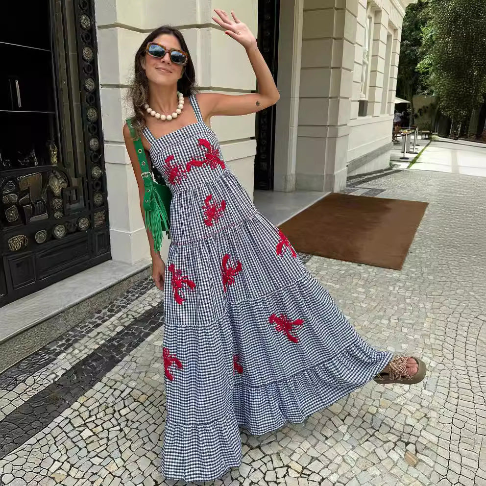 Women's Embroidered Pleated Puffy Sling Dress Beach Dresses