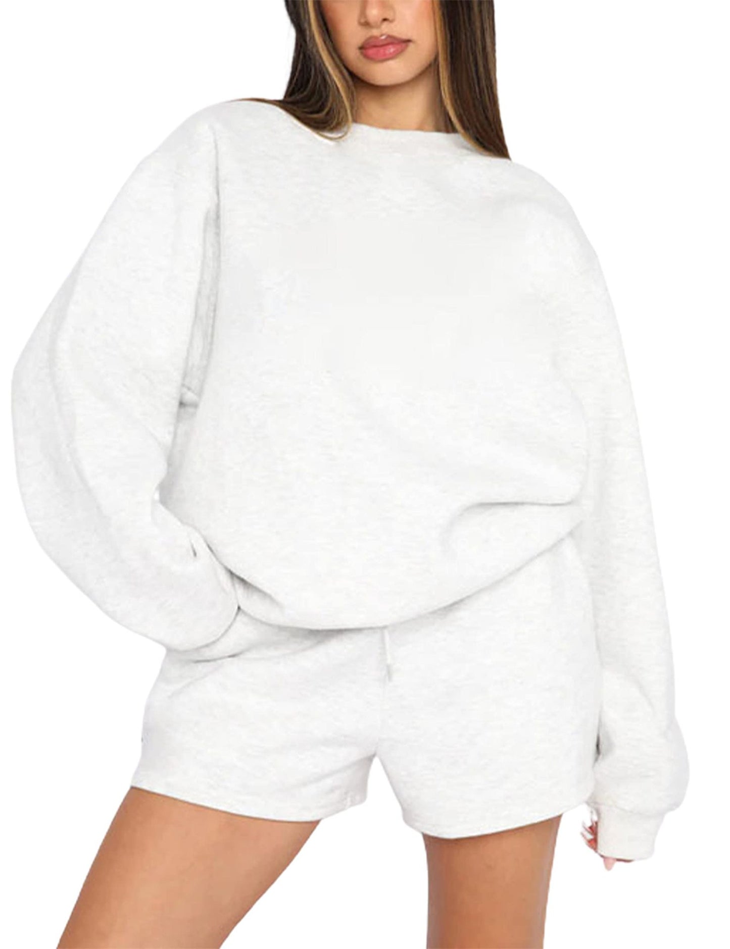 Women's Solid Color Round Neck Pullover Long Shorts
